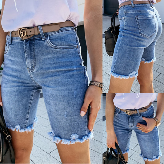 Summer New Style Denim Ripped Five-Point Pants Fashion Fringed Jeans Women