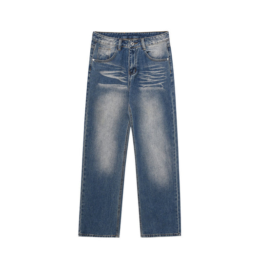 Washed White Pleated Straight Jeans For Men