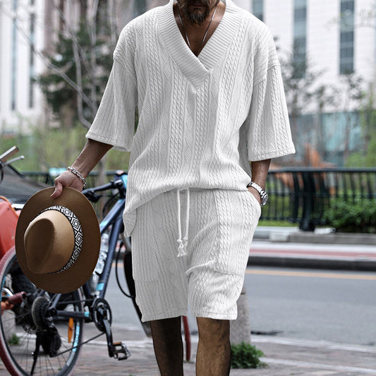 Men's Casual Loose Jacquard Knitwear Shorts Suit