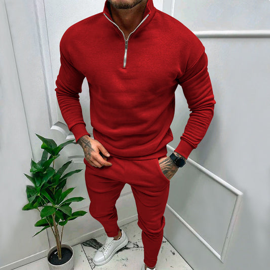 Men's Casual Fleece-lined Solid Color Top And Trousers Suit